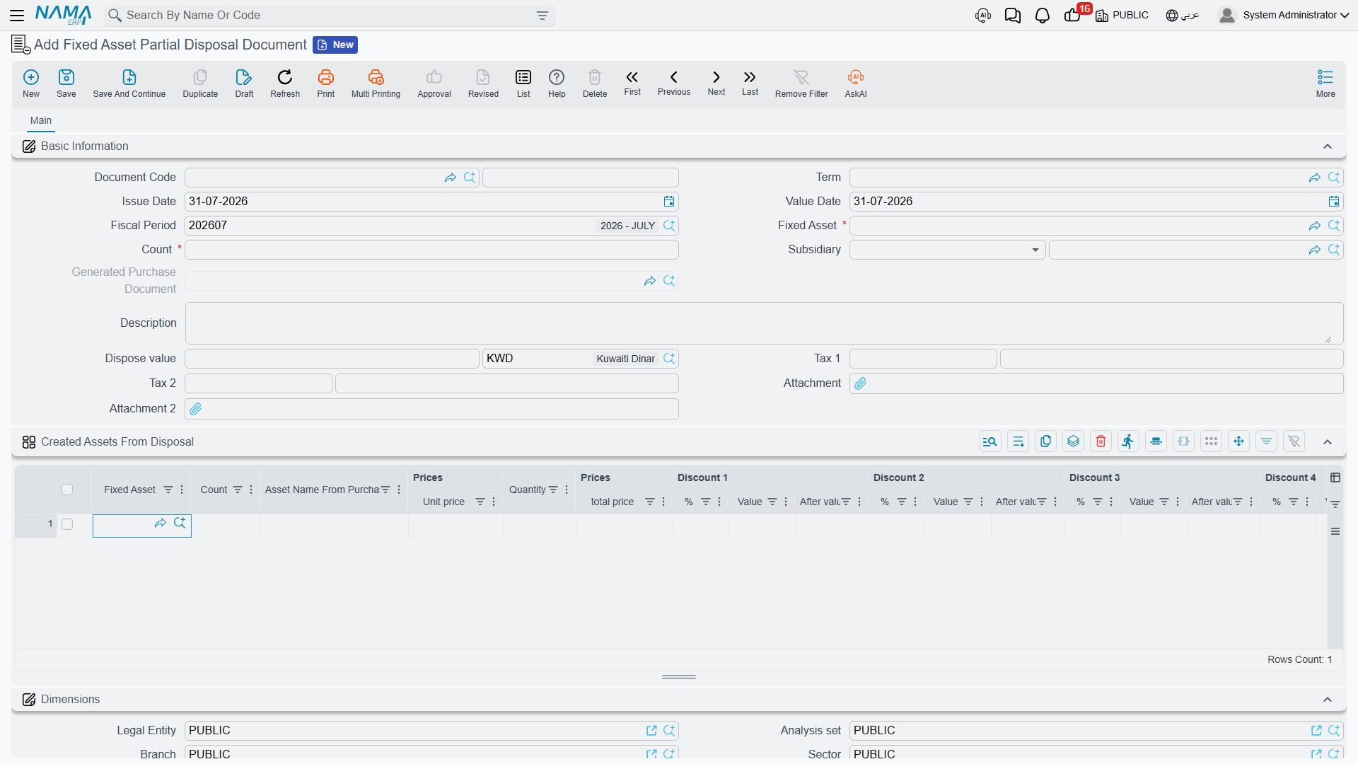 The created assets grid on a partial disposal