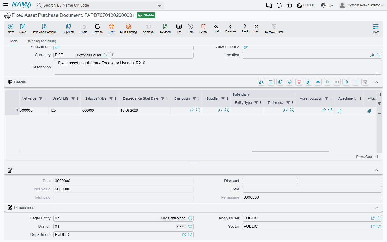 The asset-creation columns on the purchase grid
