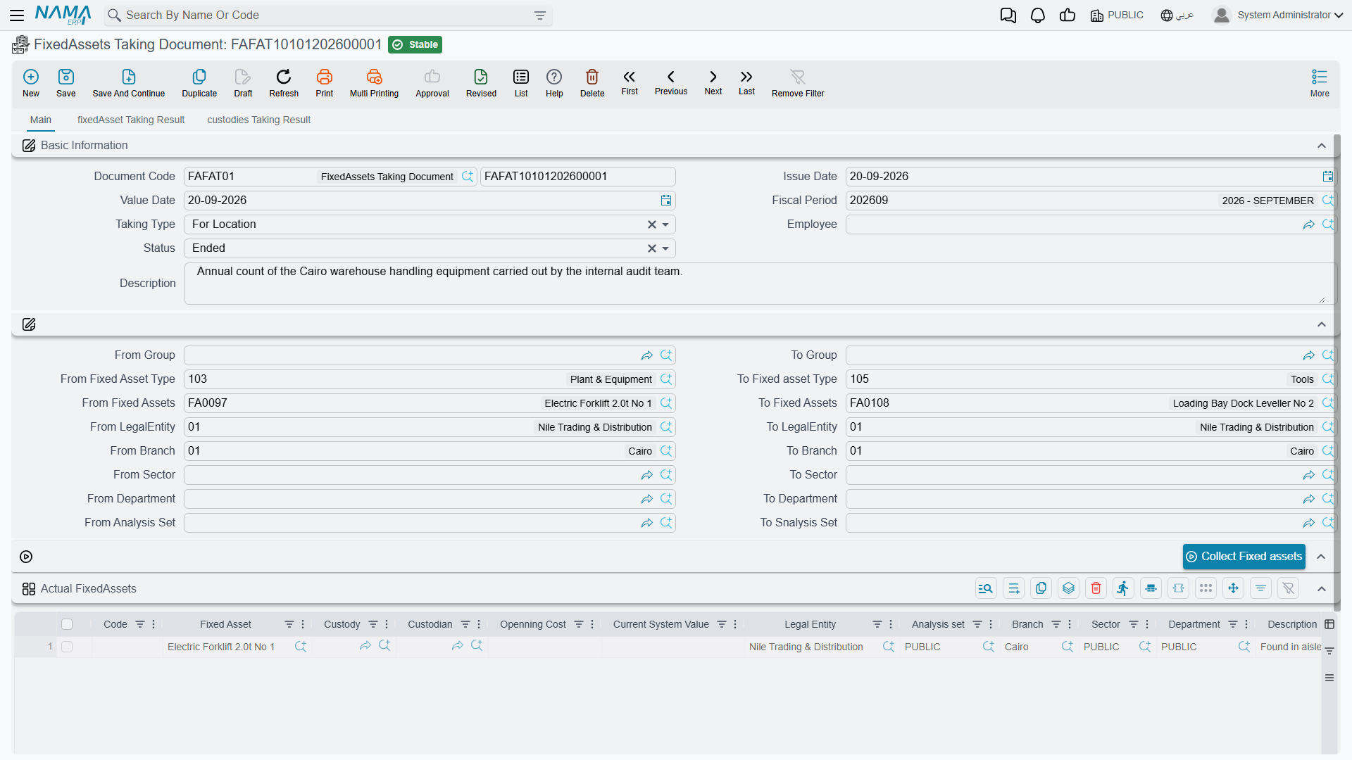 The fixed asset taking document
