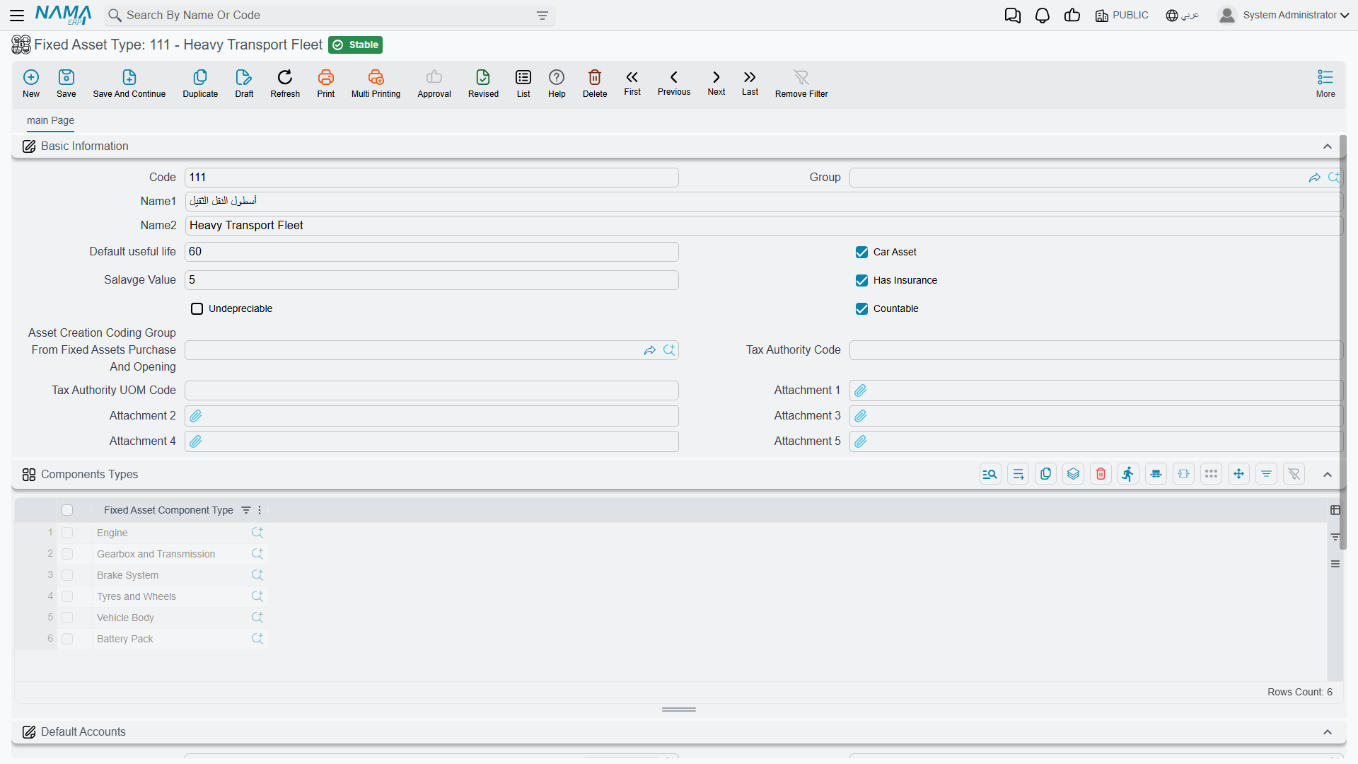 The components types grid on the asset type — the template