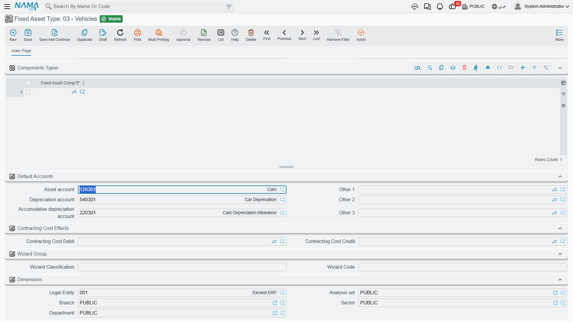 The default accounts on a fixed asset type