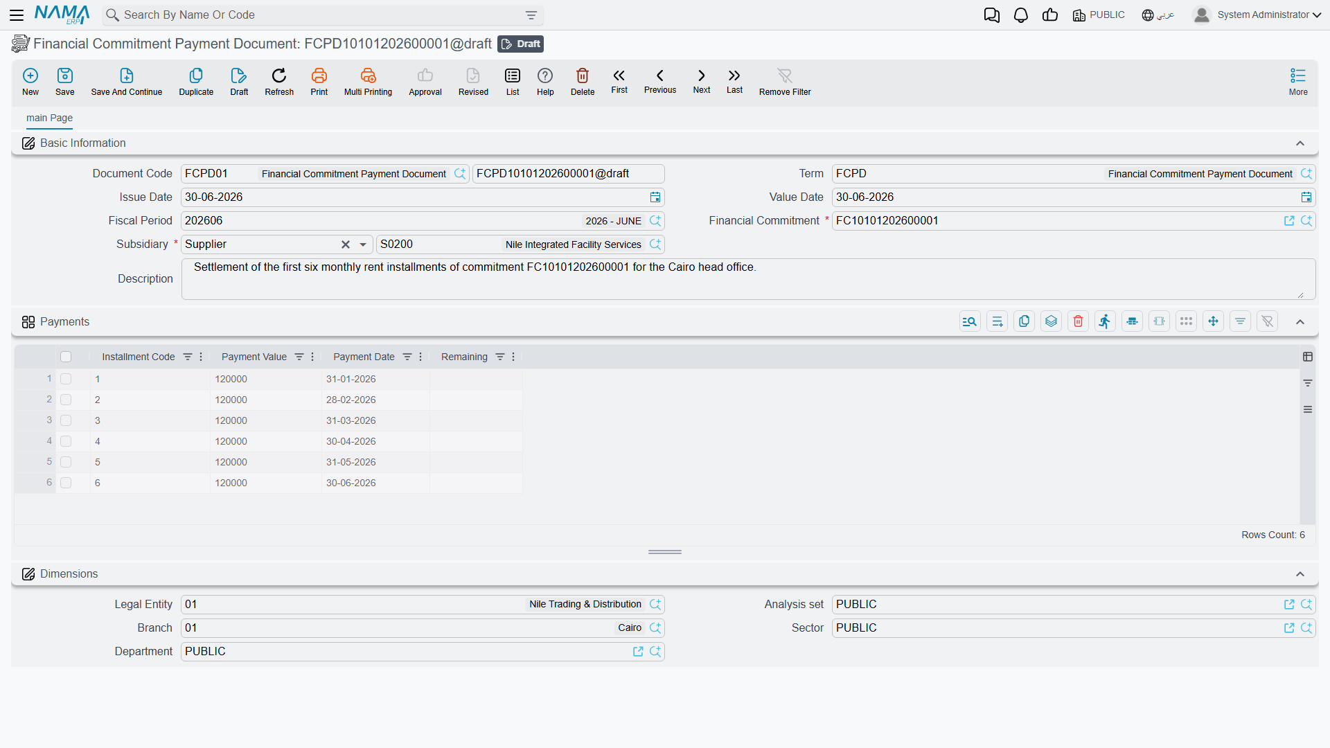 The Financial Commitment Payment Document screen