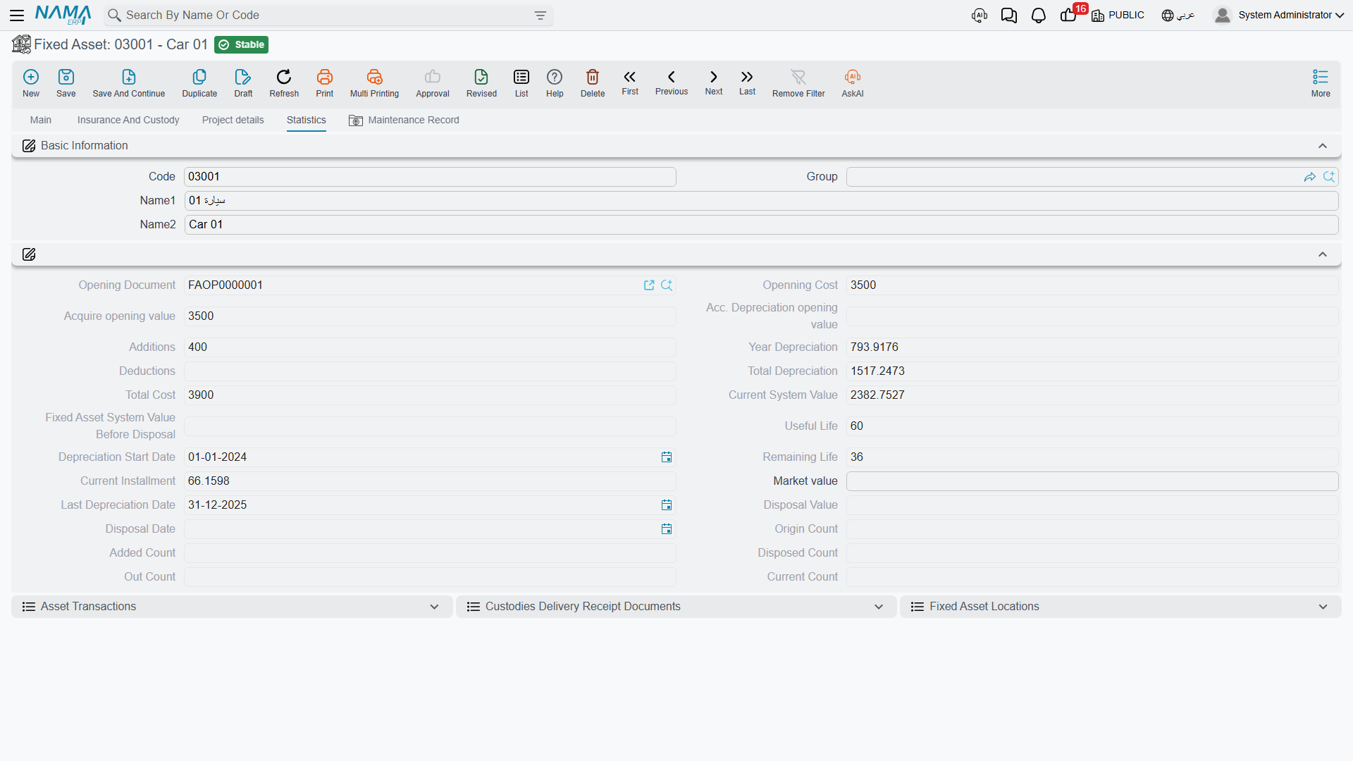 The Statistics page of asset MCH-0007, showing cost, accumulated depreciation and book value