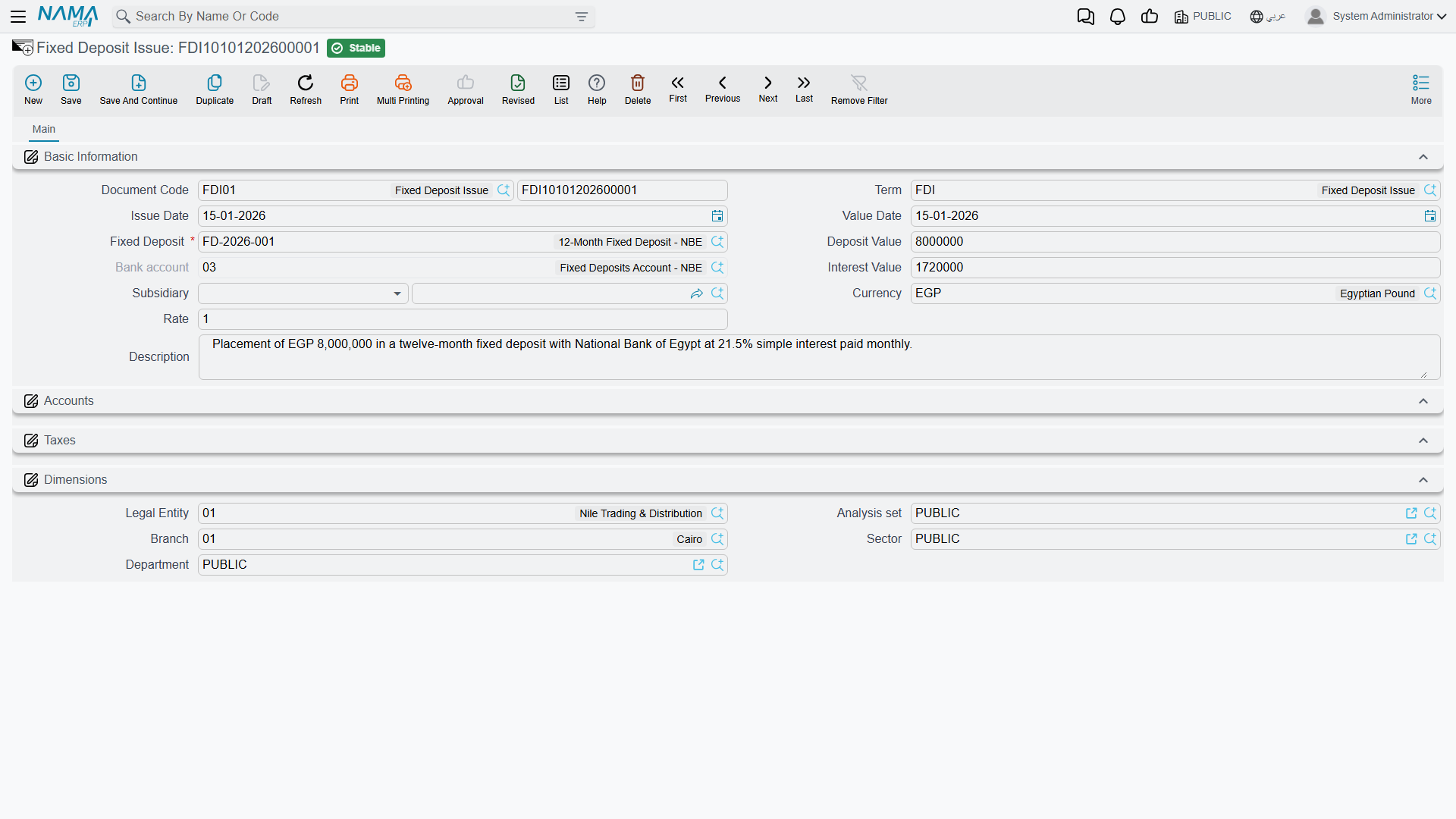 Fixed Deposit Issue screen