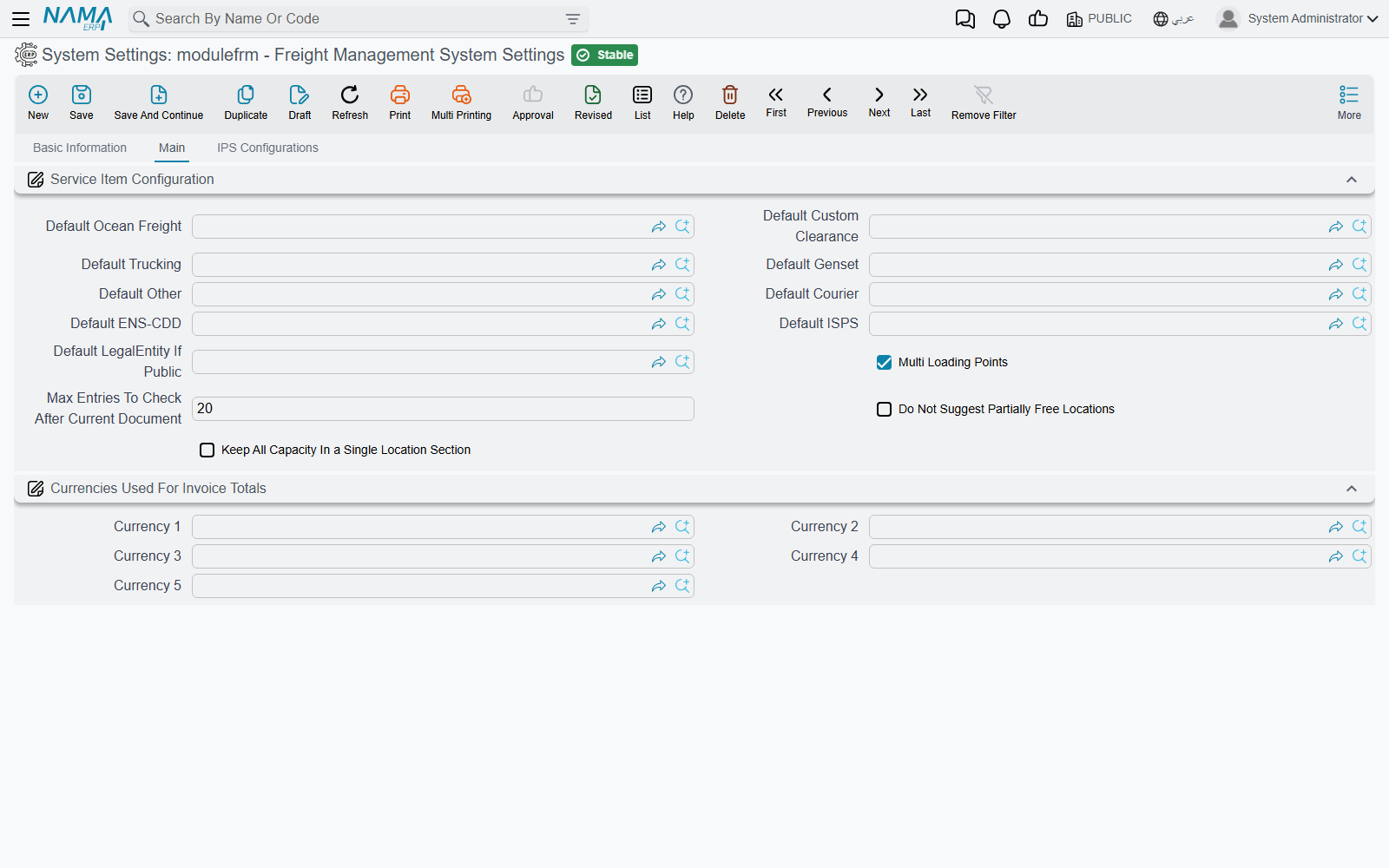 The Main tab of the Freight Management System settings