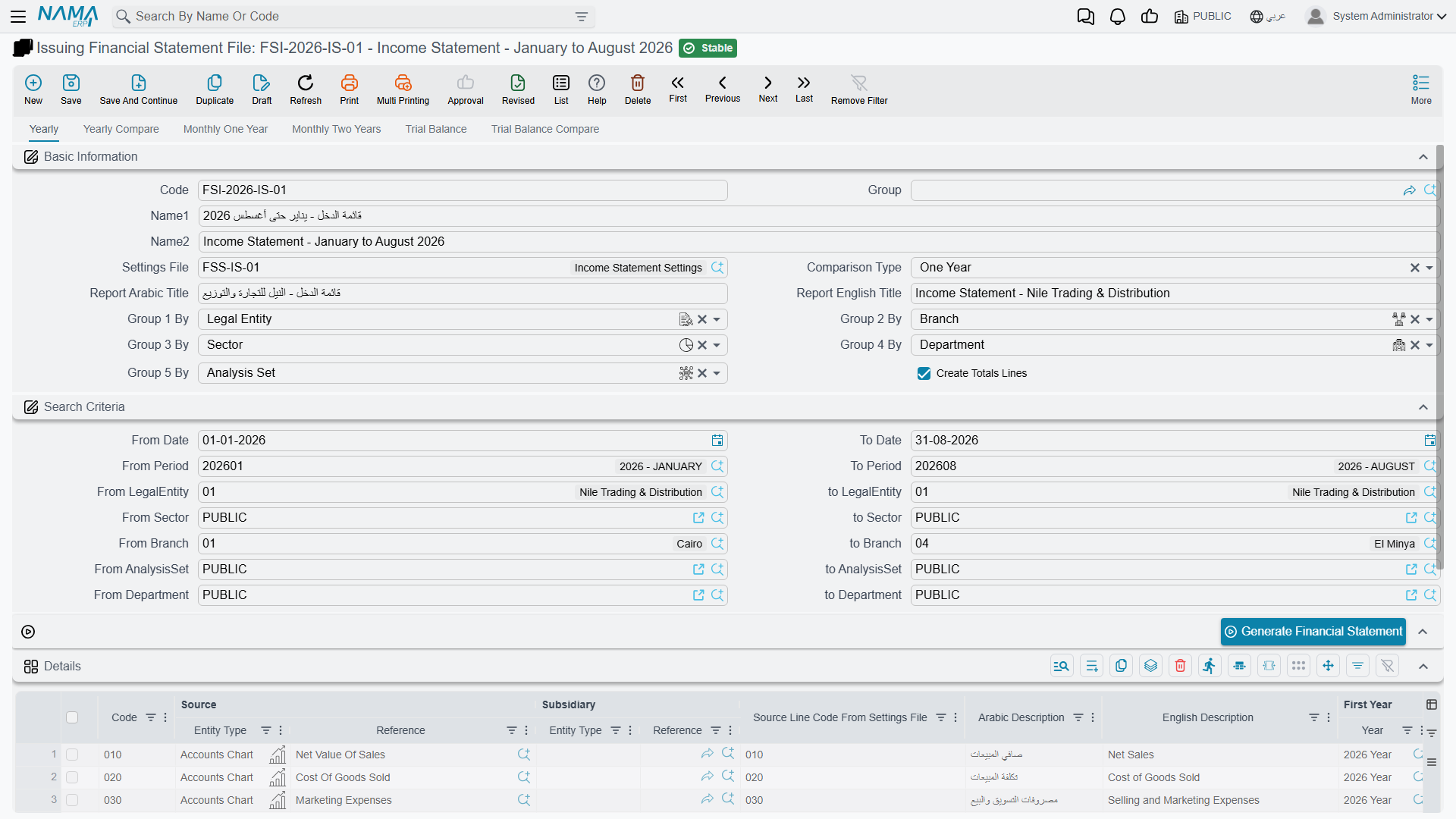 The Issuing Financial Statement File screen