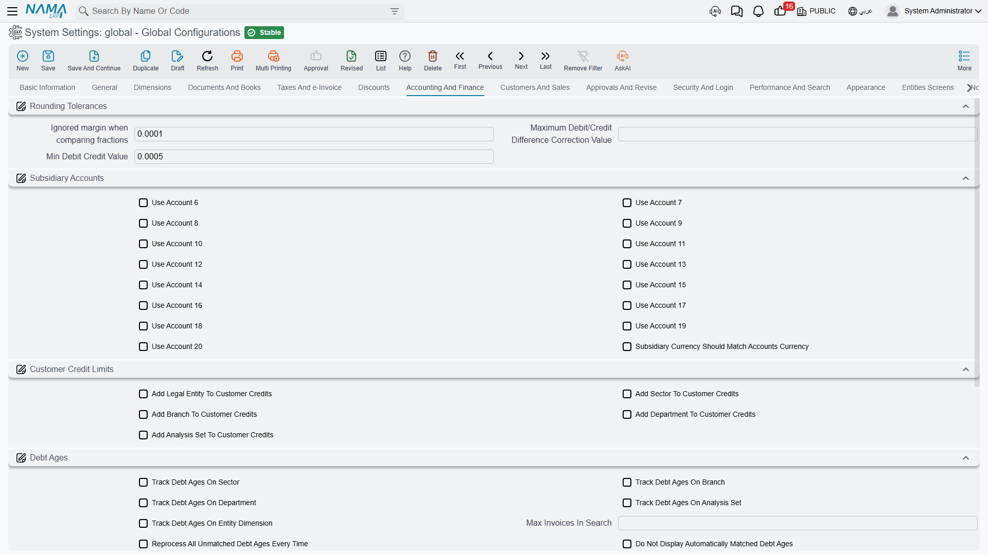 Accounting and Finance tab
