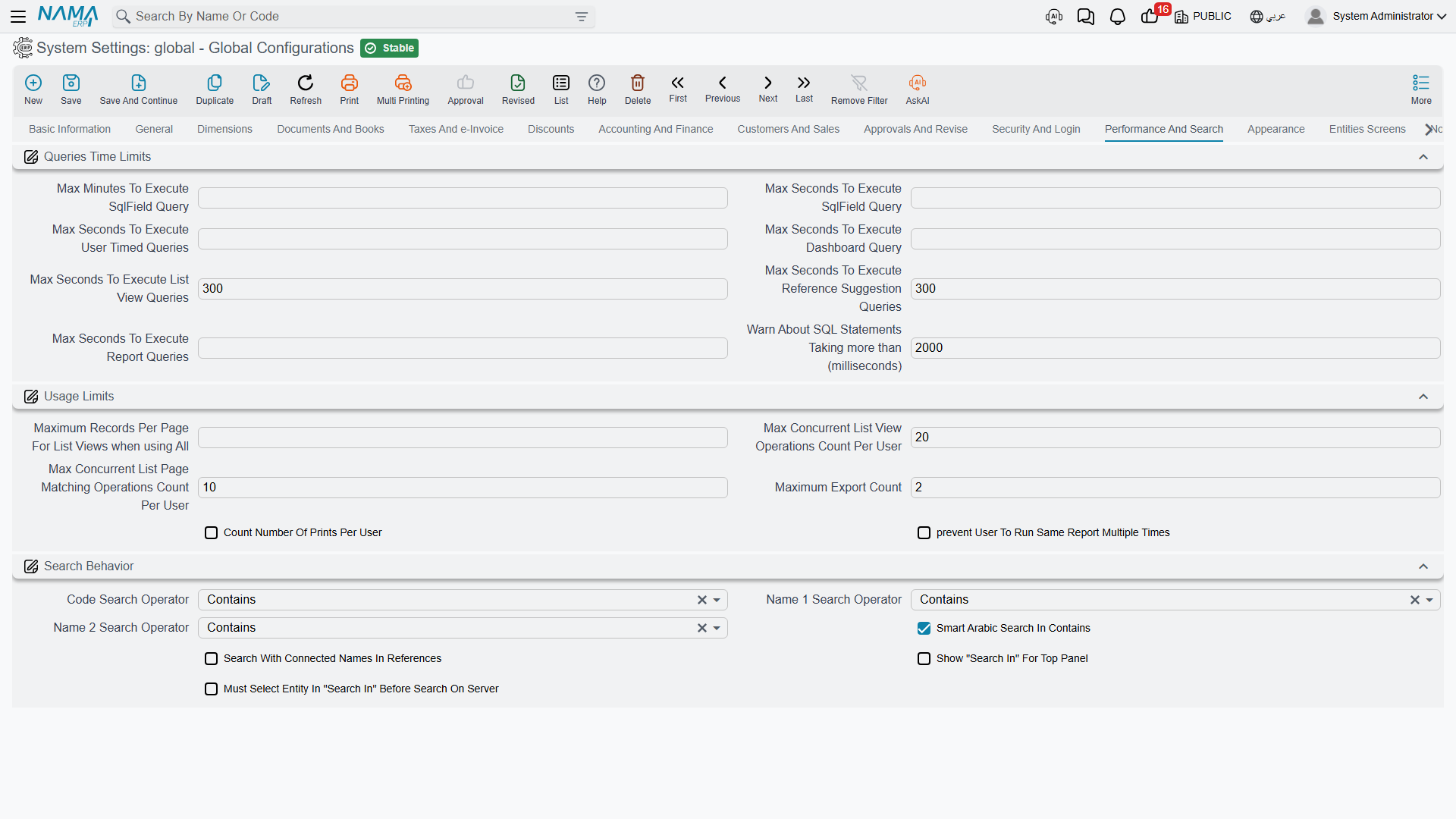 Performance and Search tab
