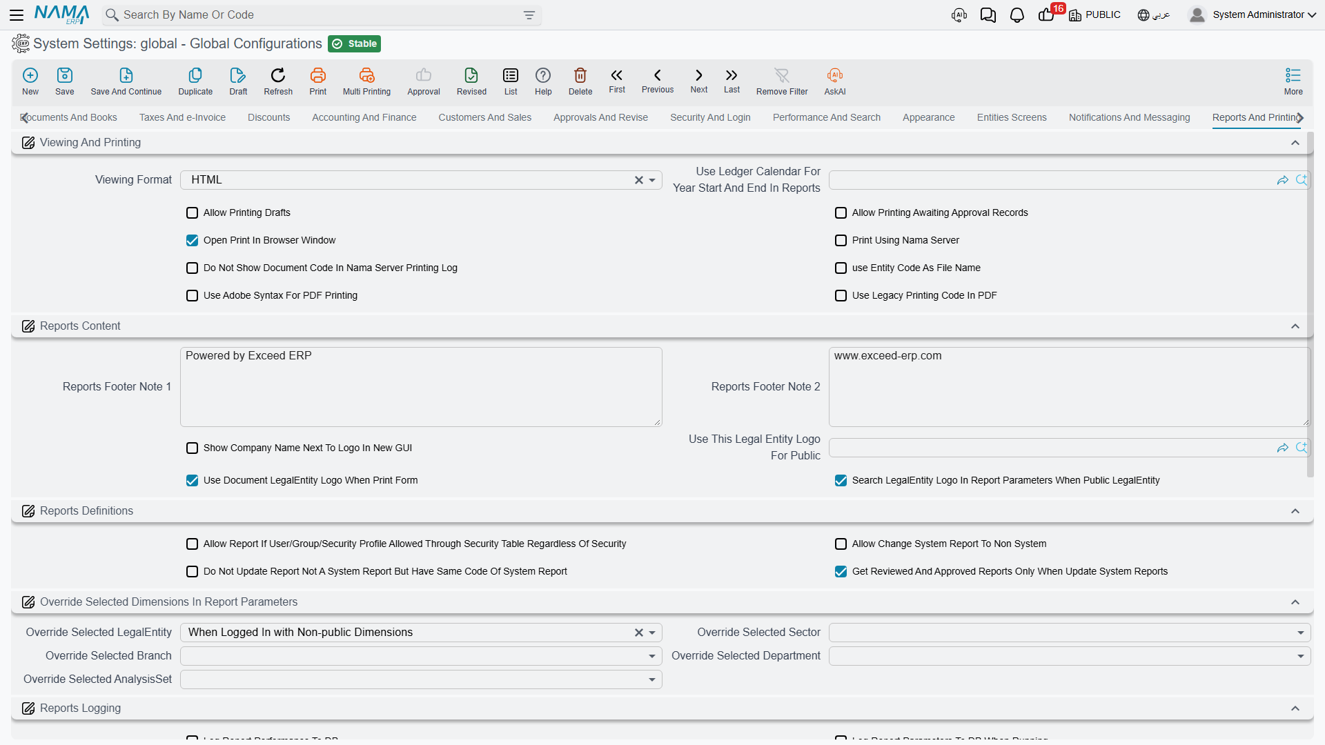Reports and Printing tab