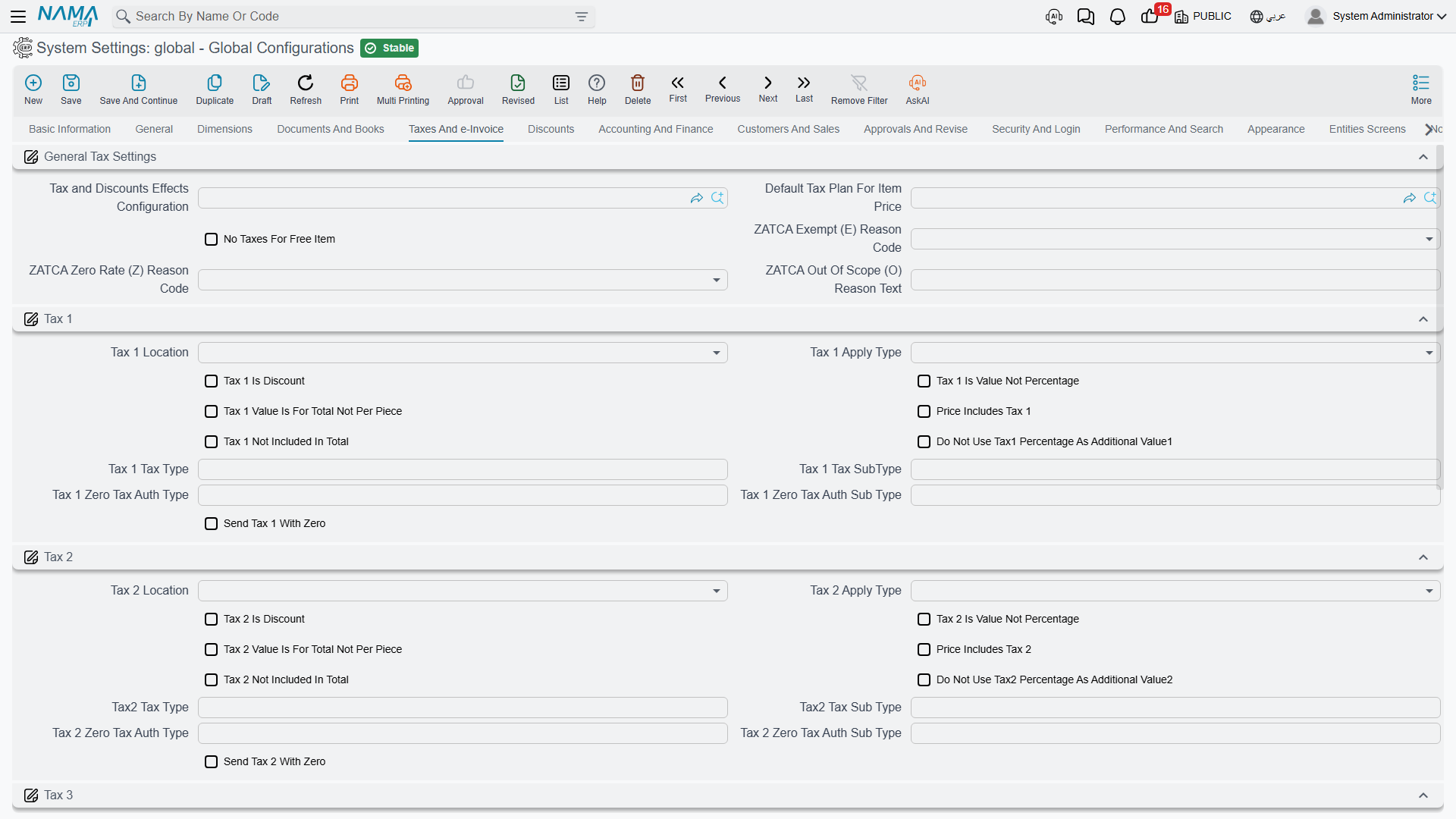 Taxes and e-Invoice tab