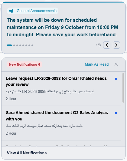 Announcements above the new notifications after login
