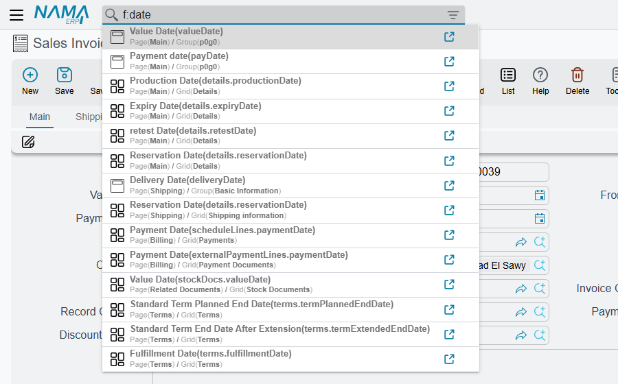 f: results on a sales invoice, each with its tab and group or grid
