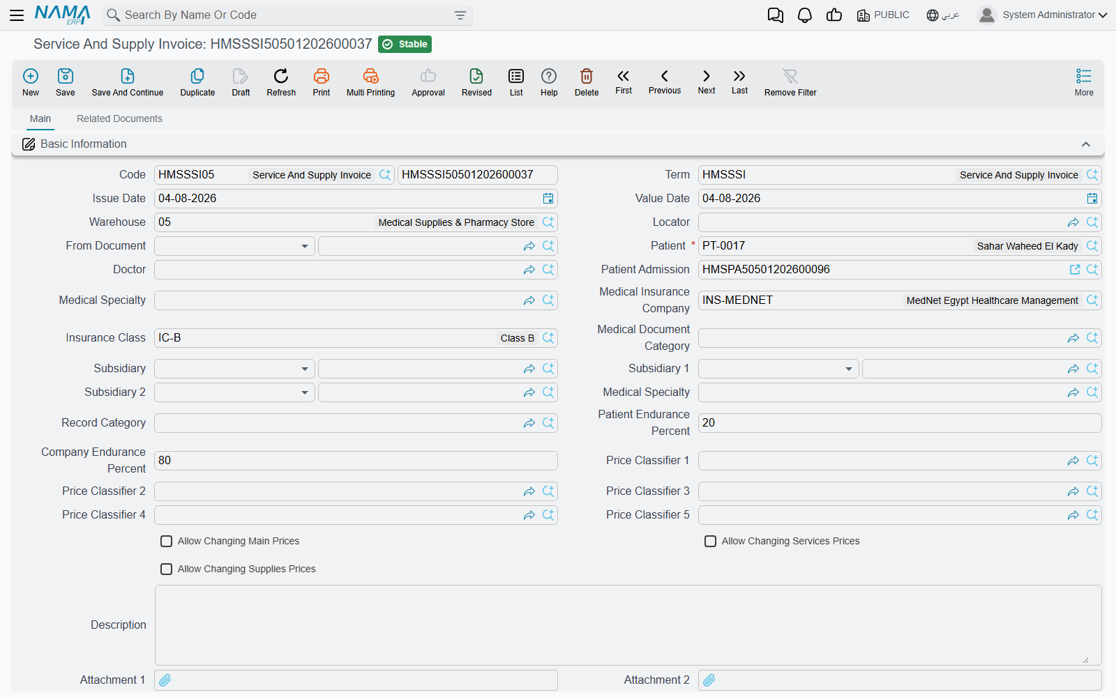 A service and supply invoice