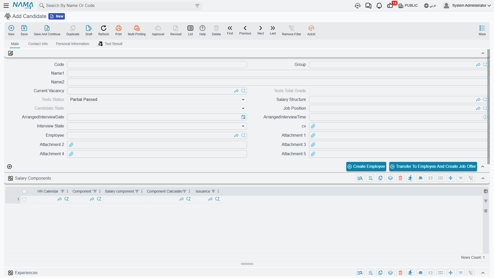 HR Candidate edit screen, showing candidate state, interview state and the applied vacancies