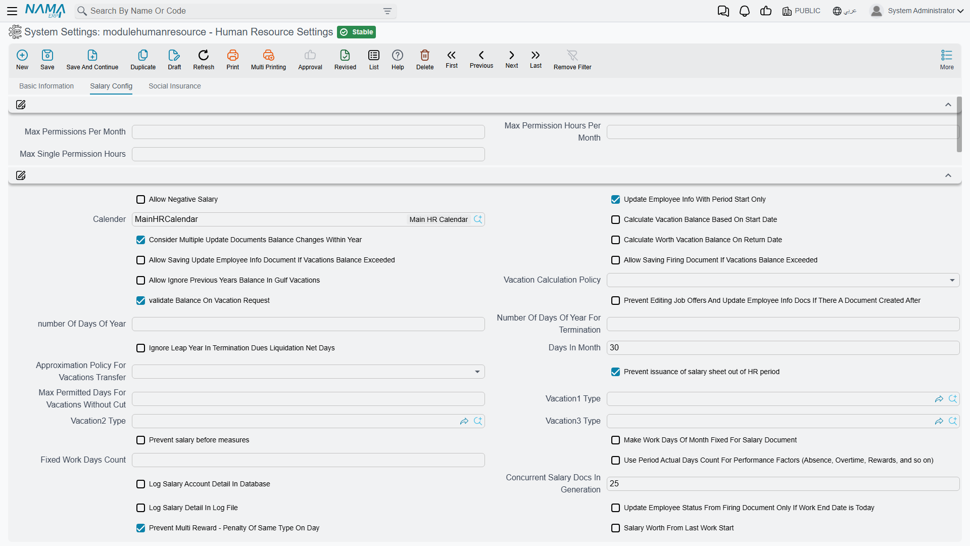 The Salary Config tab of the HR settings — the two untitled groups at the top hold the permission ceilings and some sixty unrelated options