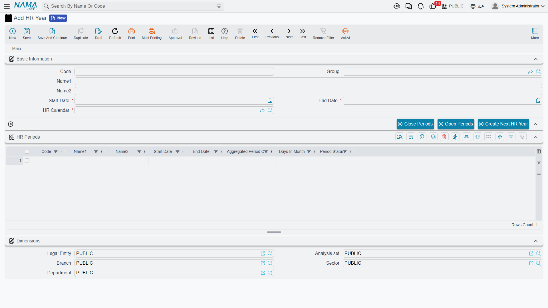 HR Year, with its embedded periods grid and Open/Close Periods actions