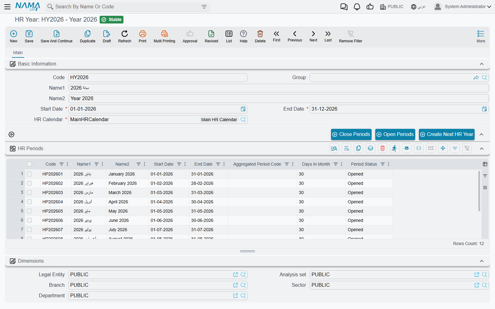 HR Year, with its embedded periods grid and Open/Close Periods actions