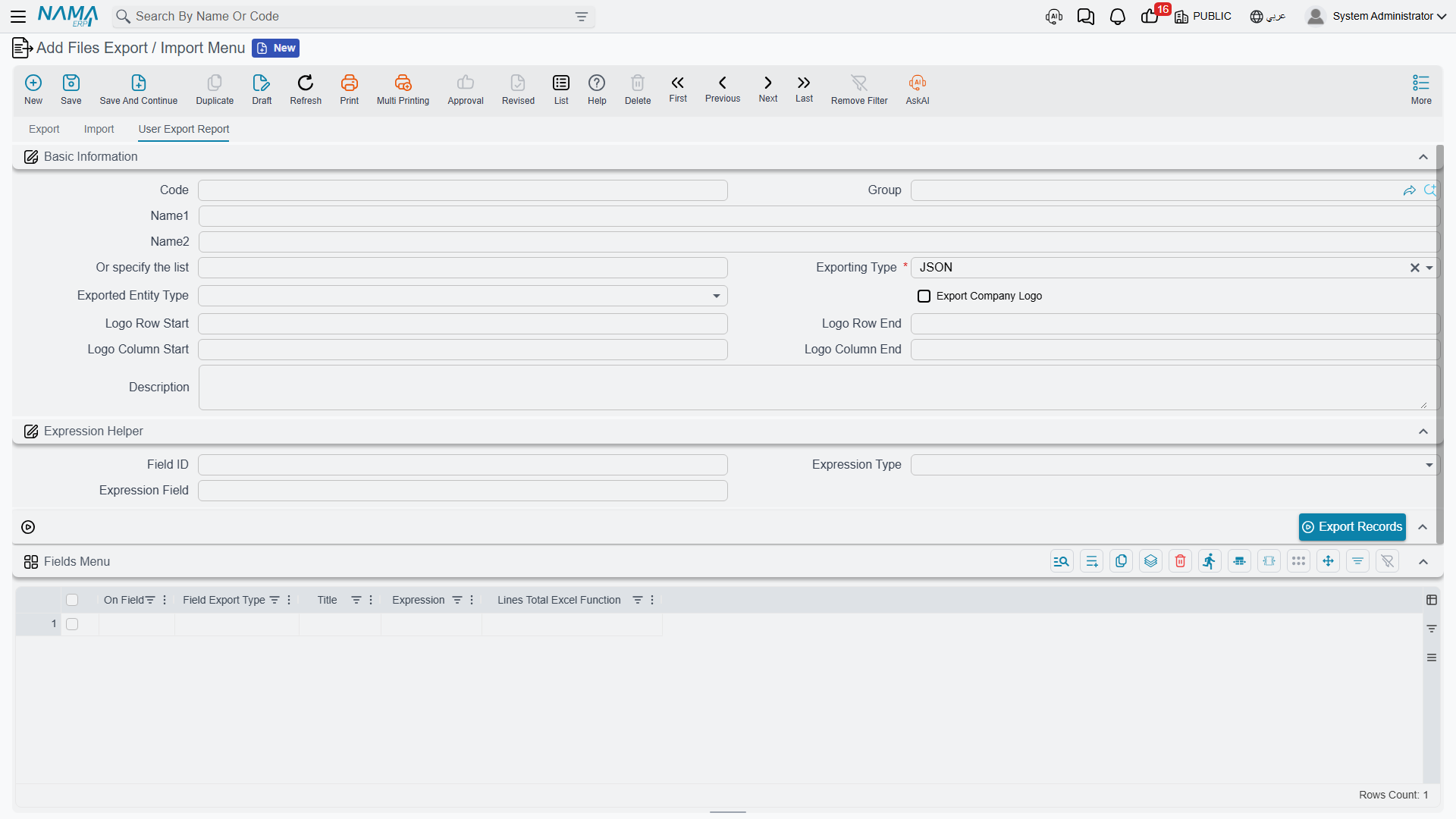 The User Export Report tab