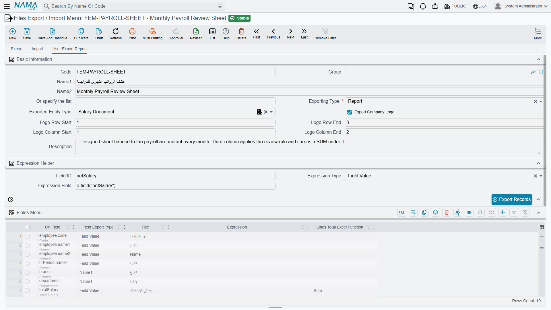 The User Export Report tab