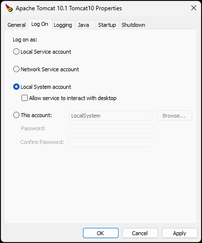 Configure Tomcat Service Logon as