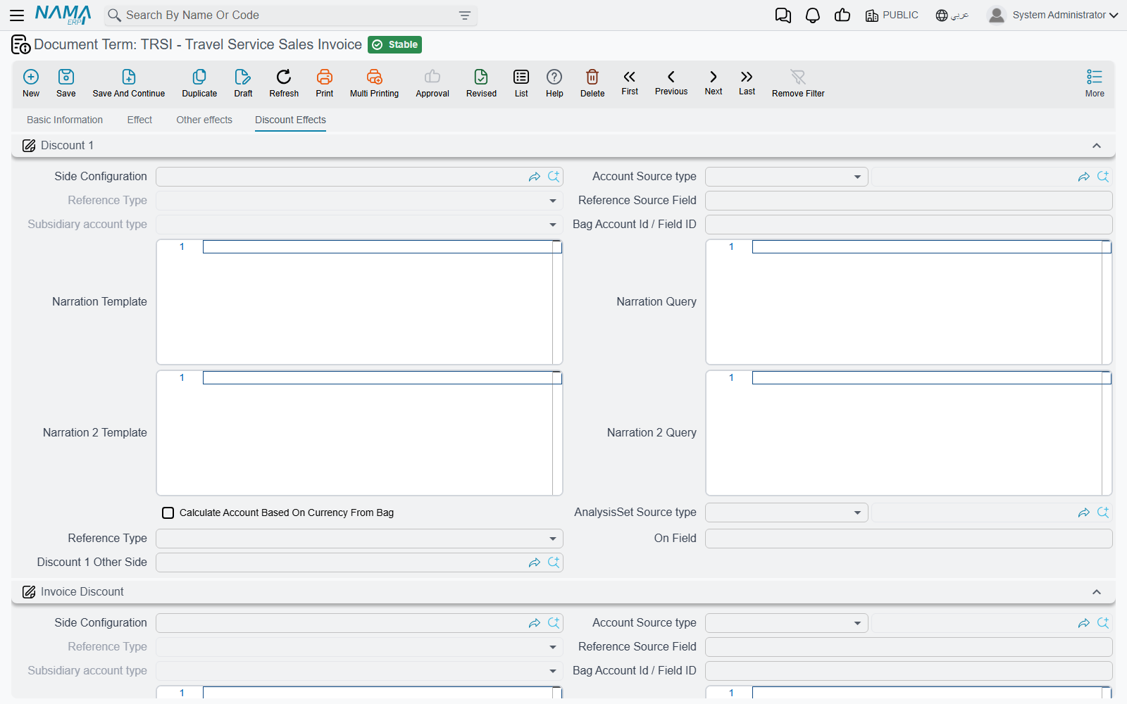 The Discount Effects tab — an account side per discount level, and the rules for the external payment documents