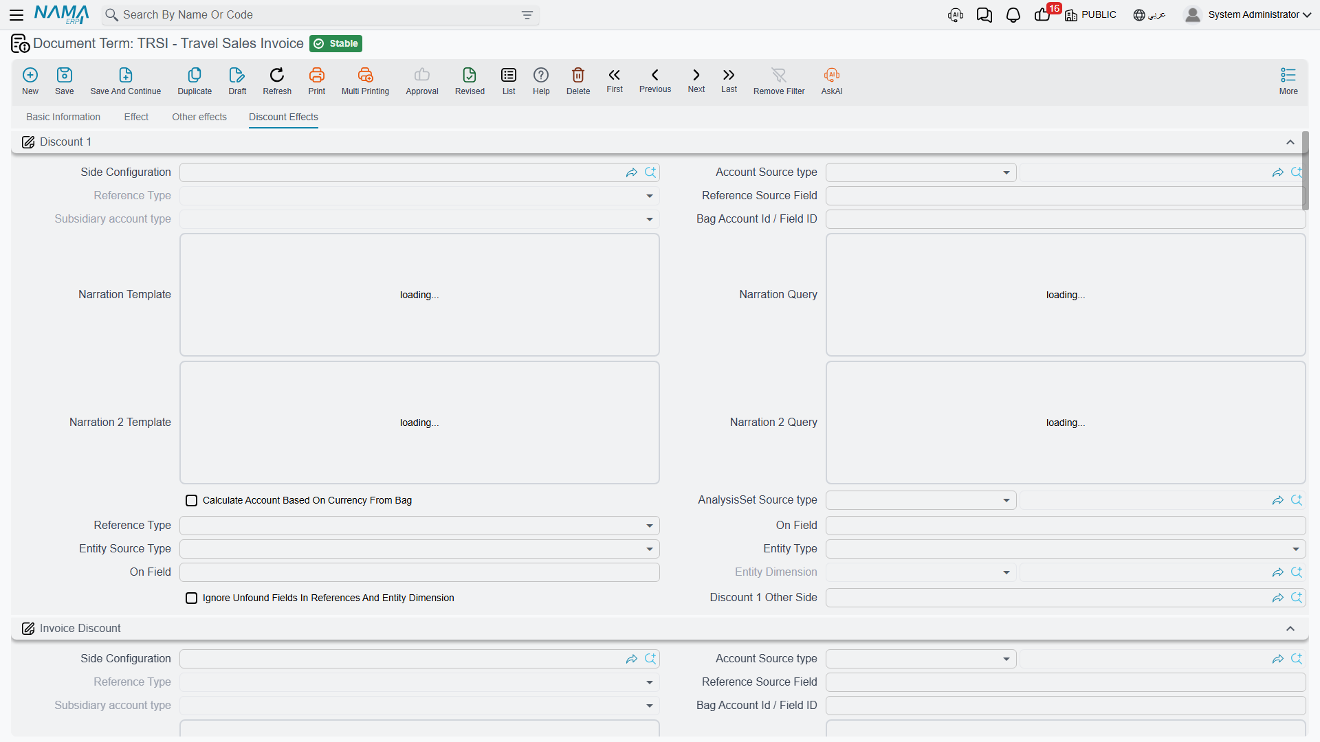 The Discount Effects tab — an account side per discount level, and the rules for the external payment documents