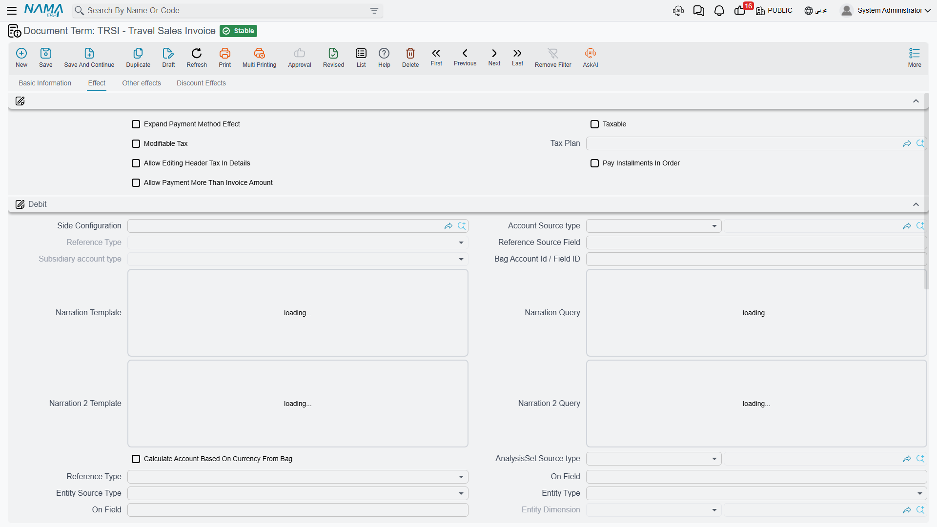 The Effect tab of a travel invoice term — the debit and credit sides, and the service-fees group beneath them