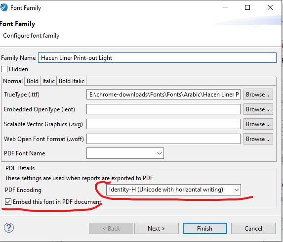 Jasper Reports Font Family Dialog for Arabic Fonts