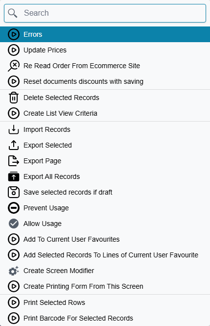 The More menu on a list screen
