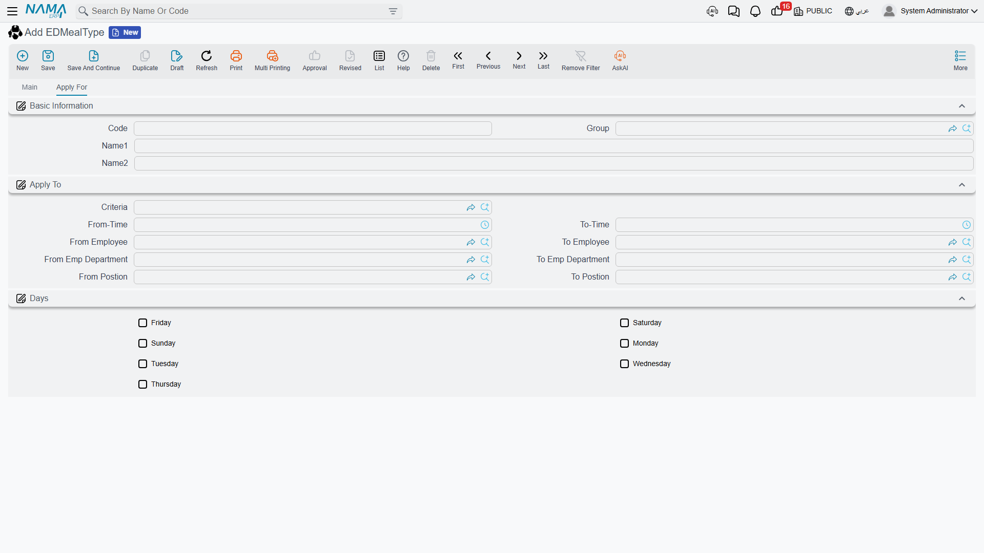 Meal Type, Apply For page — the serving window and a checkbox for each day of the week