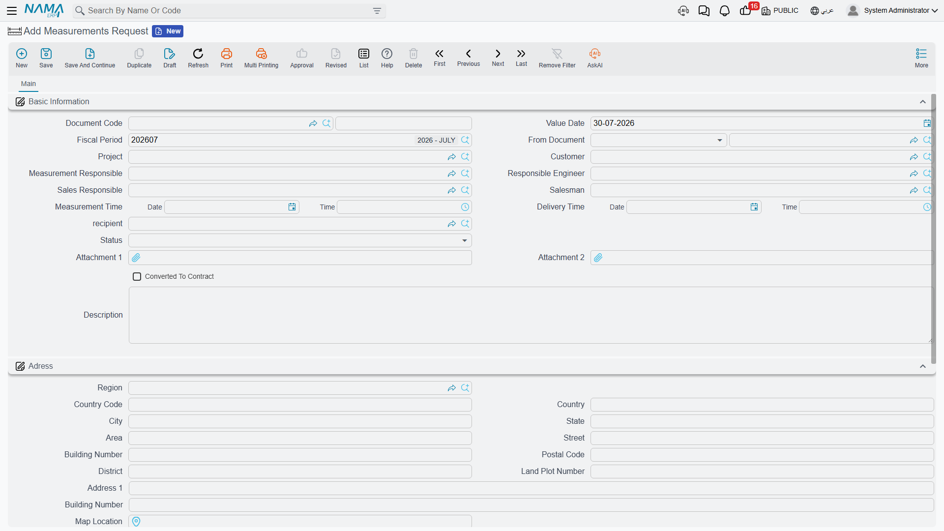 The measurements request: who is measuring, when, the delivery promise, and the customer's address
