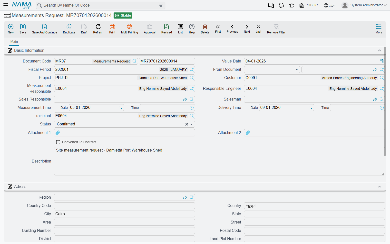 The measurements request: who is measuring, when, the delivery promise, and the customer's address