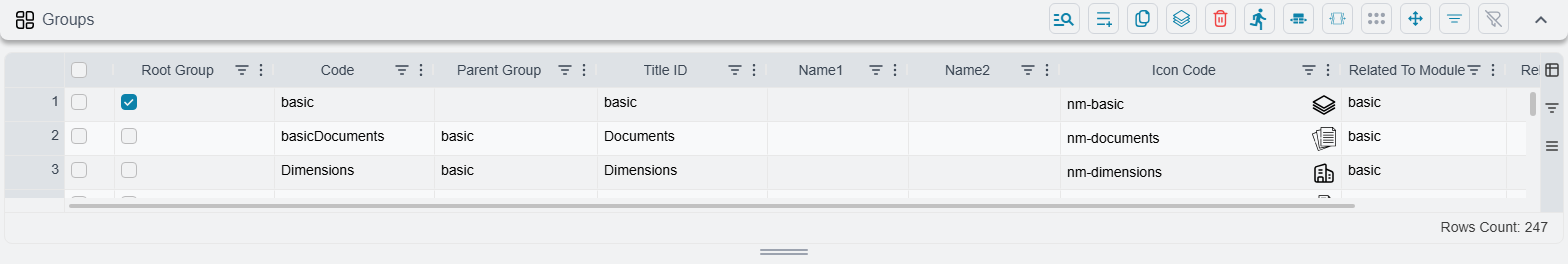 The Groups grid: the Root Group tick box, Code, Parent Group, Title ID, the two name columns left empty, Icon Code and the module columns