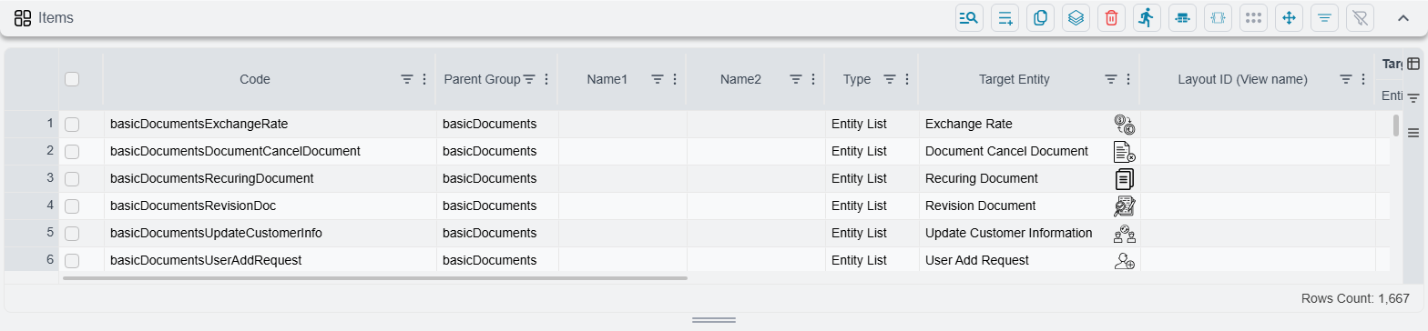 The Items grid: Code, Parent Group, the two name columns, Type showing Entity List, Target Entity, and the Layout ID column