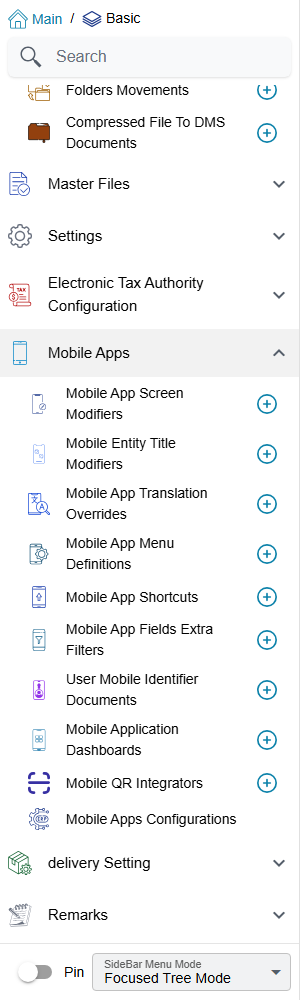 The Mobile Apps folder of the Basic menu