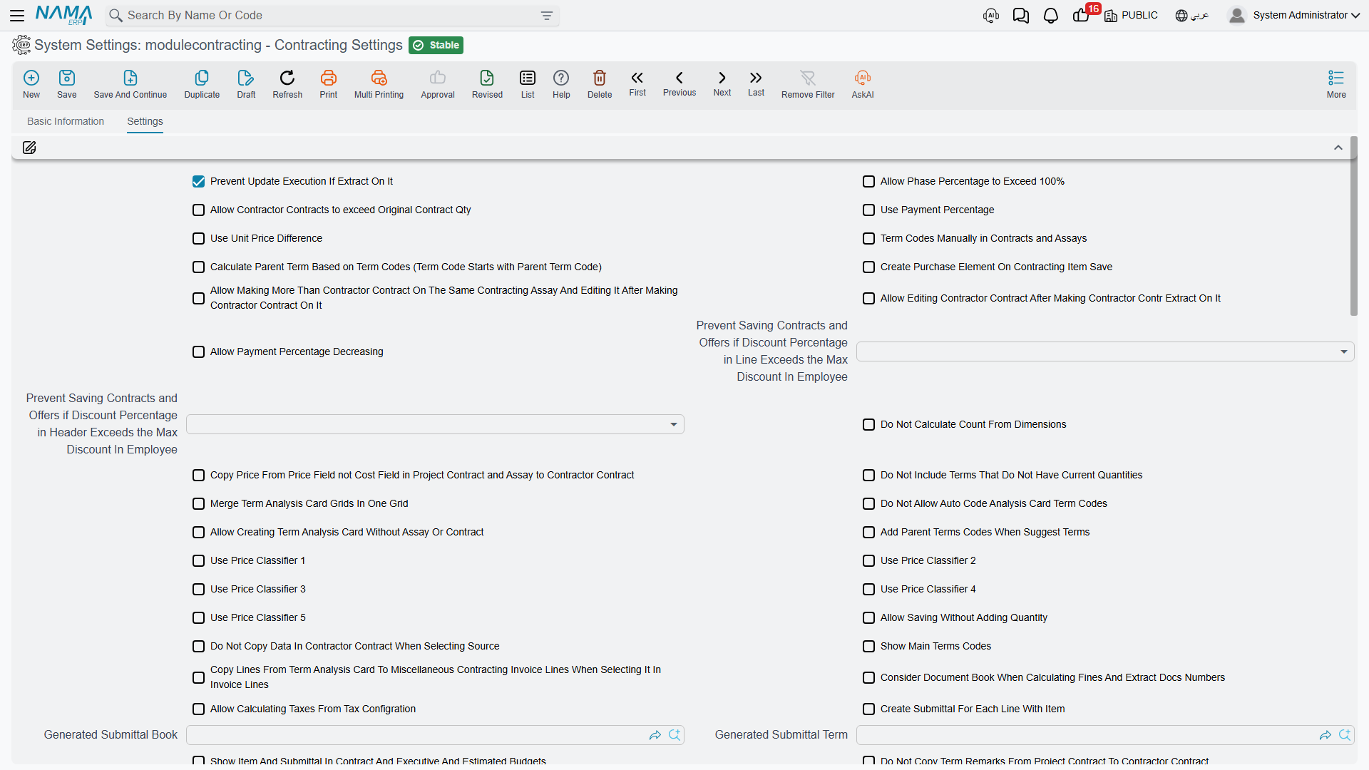 The Contracting settings — around ninety options on a single flat page
