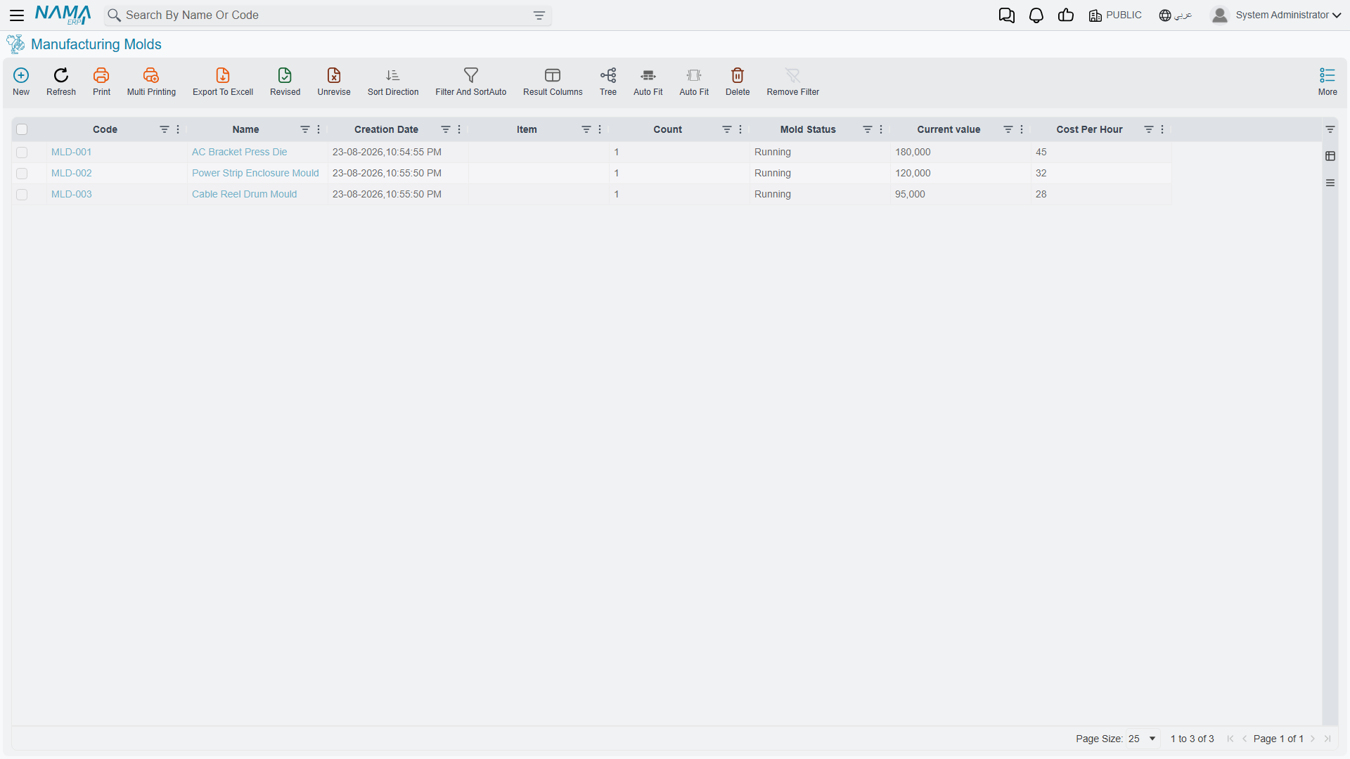 The manufacturing mold list view