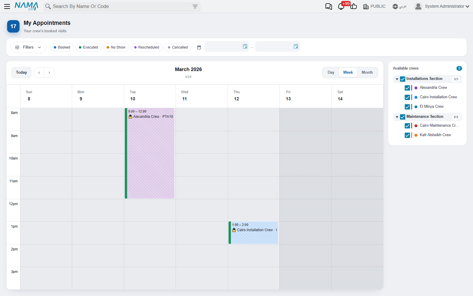 My Appointments showing several crews' week