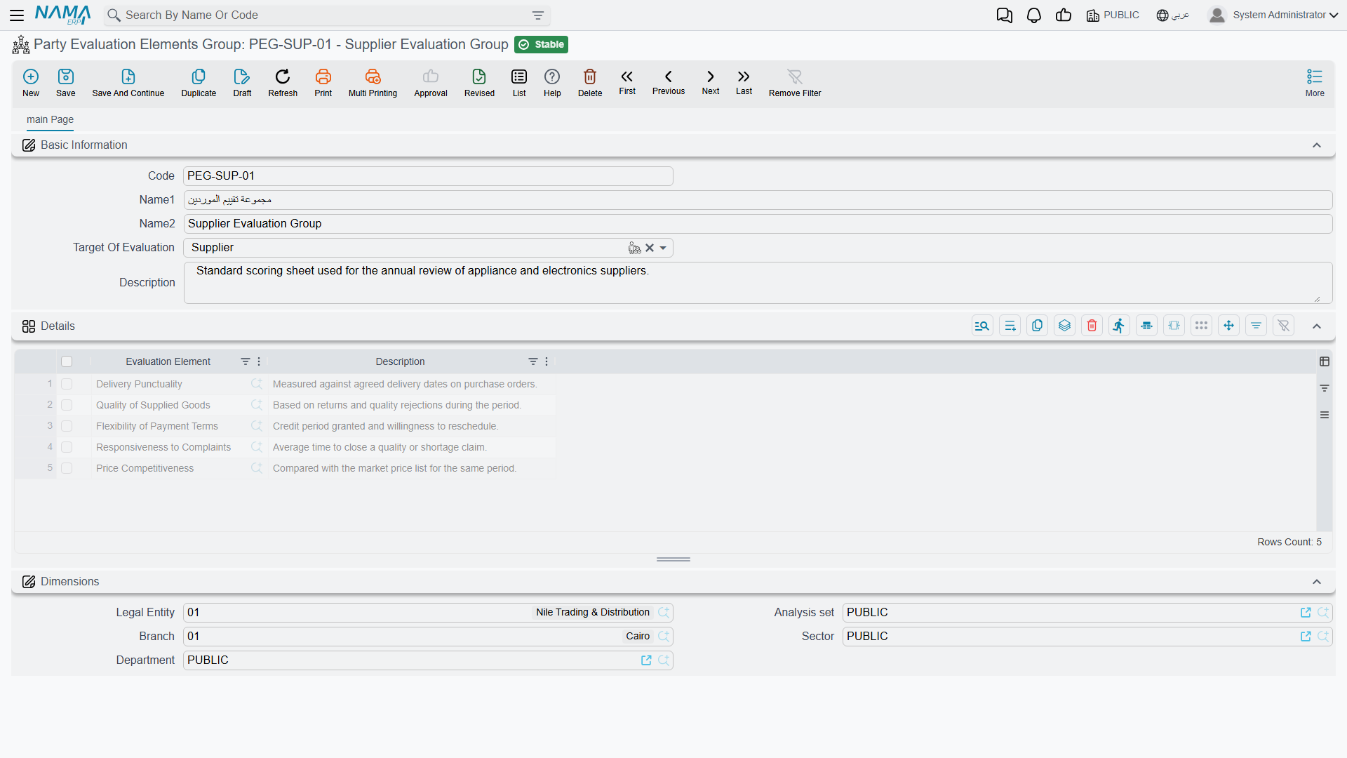The Party Evaluation Elements Group screen