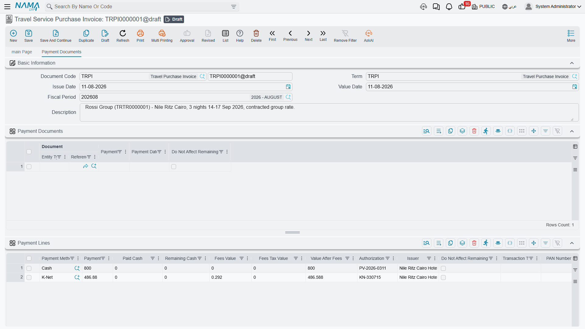 One payment row per method used, and the method is the only column you must fill