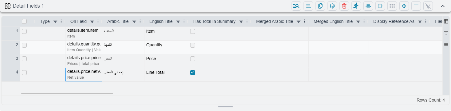 The Detail Fields 1 grid holding four rows — item, quantity, price and line total — with Has Total In Summary ticked on the line total row only