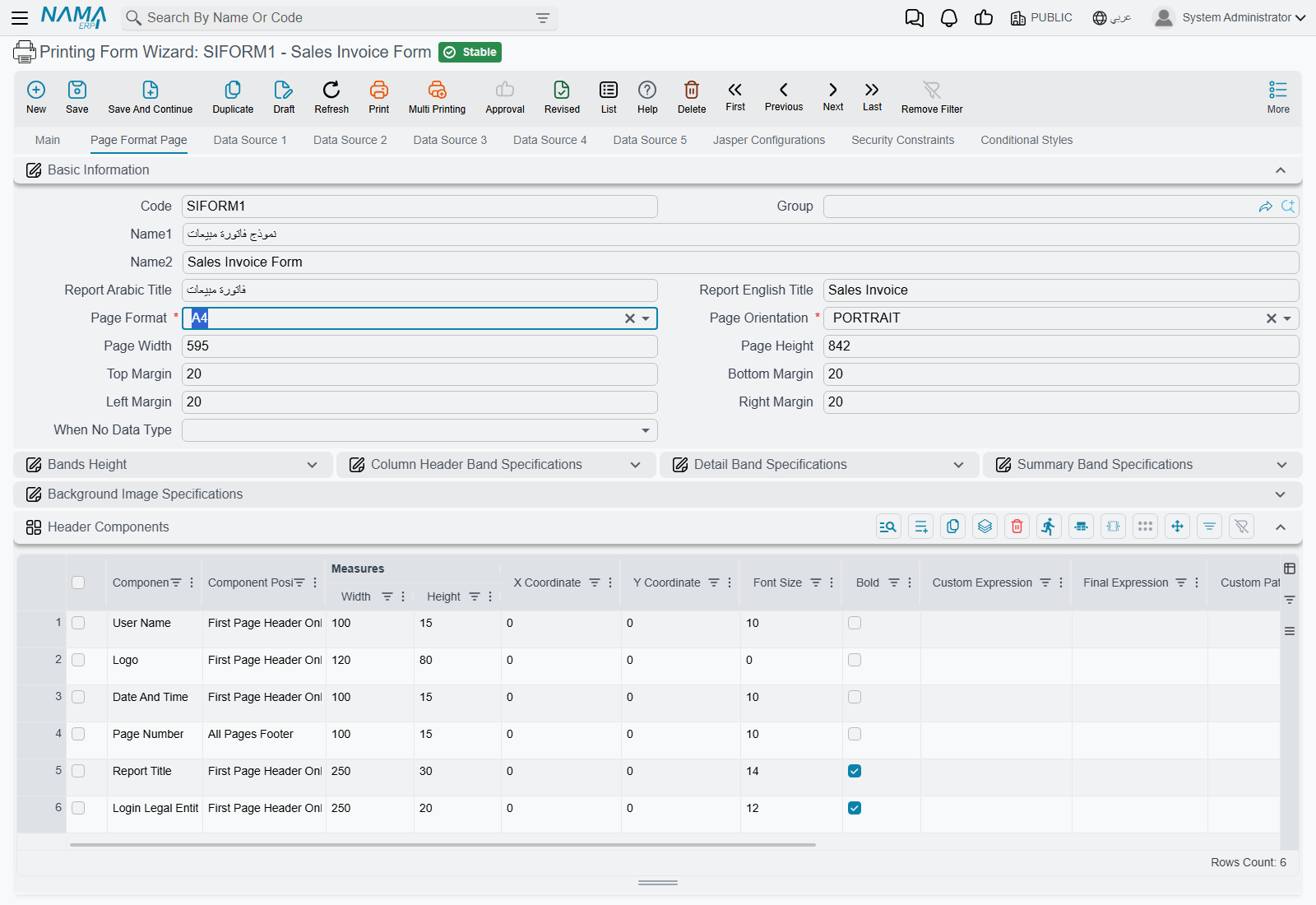 The Page Format Page tab with the band-specification groups collapsed: A4 portrait, page size and margins at the top, and below them the Header Components grid holding its six seeded rows — user name, logo, date and time, page number, report title and login legal entity