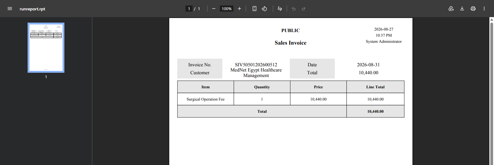 The finished sales invoice form open in the browser's PDF viewer: the report title and legal entity across the top, a two-by-two block of invoice number, date, customer and total, then the line grid with a grey Total row underneath