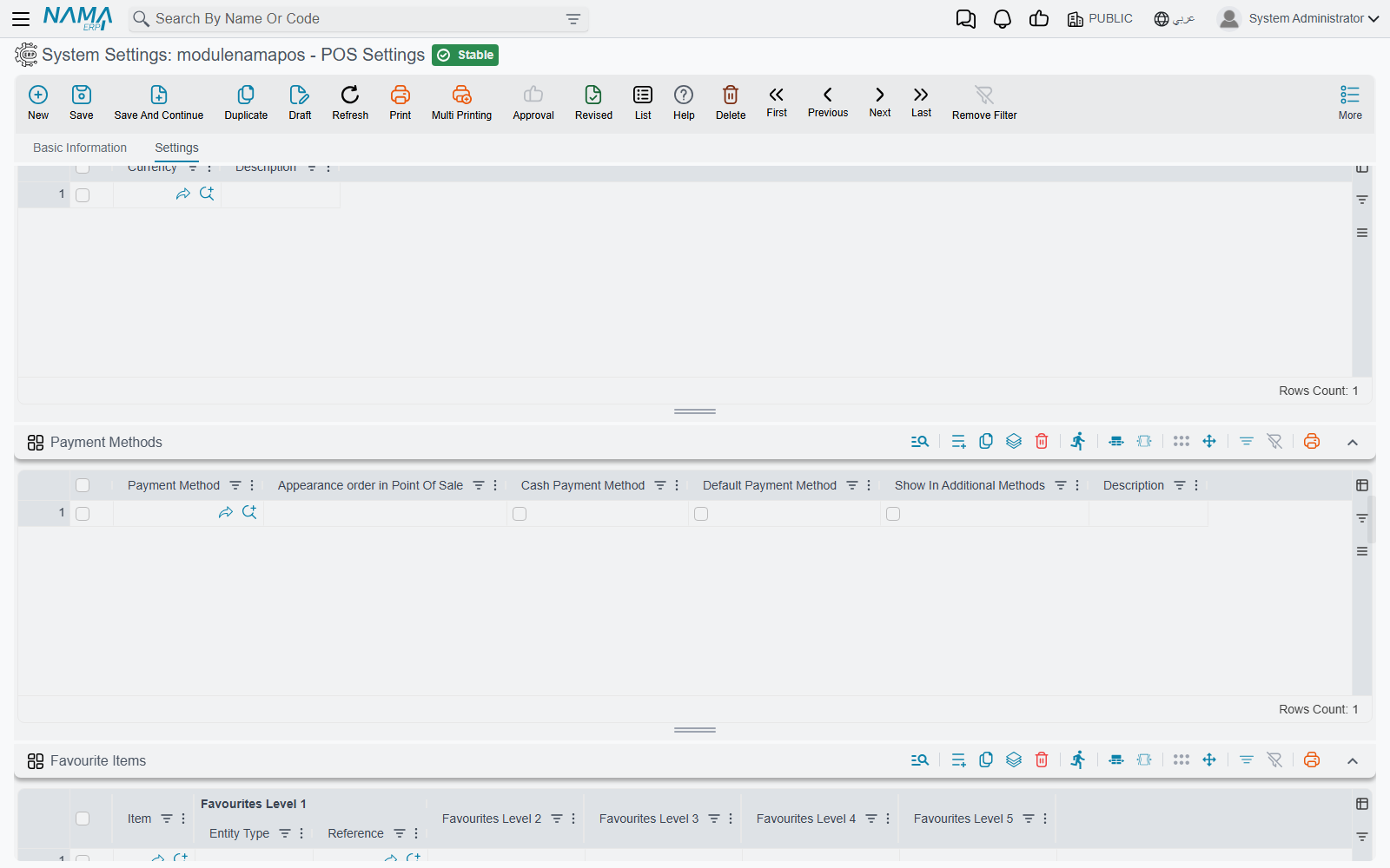 The Payment Methods grid of POS Settings