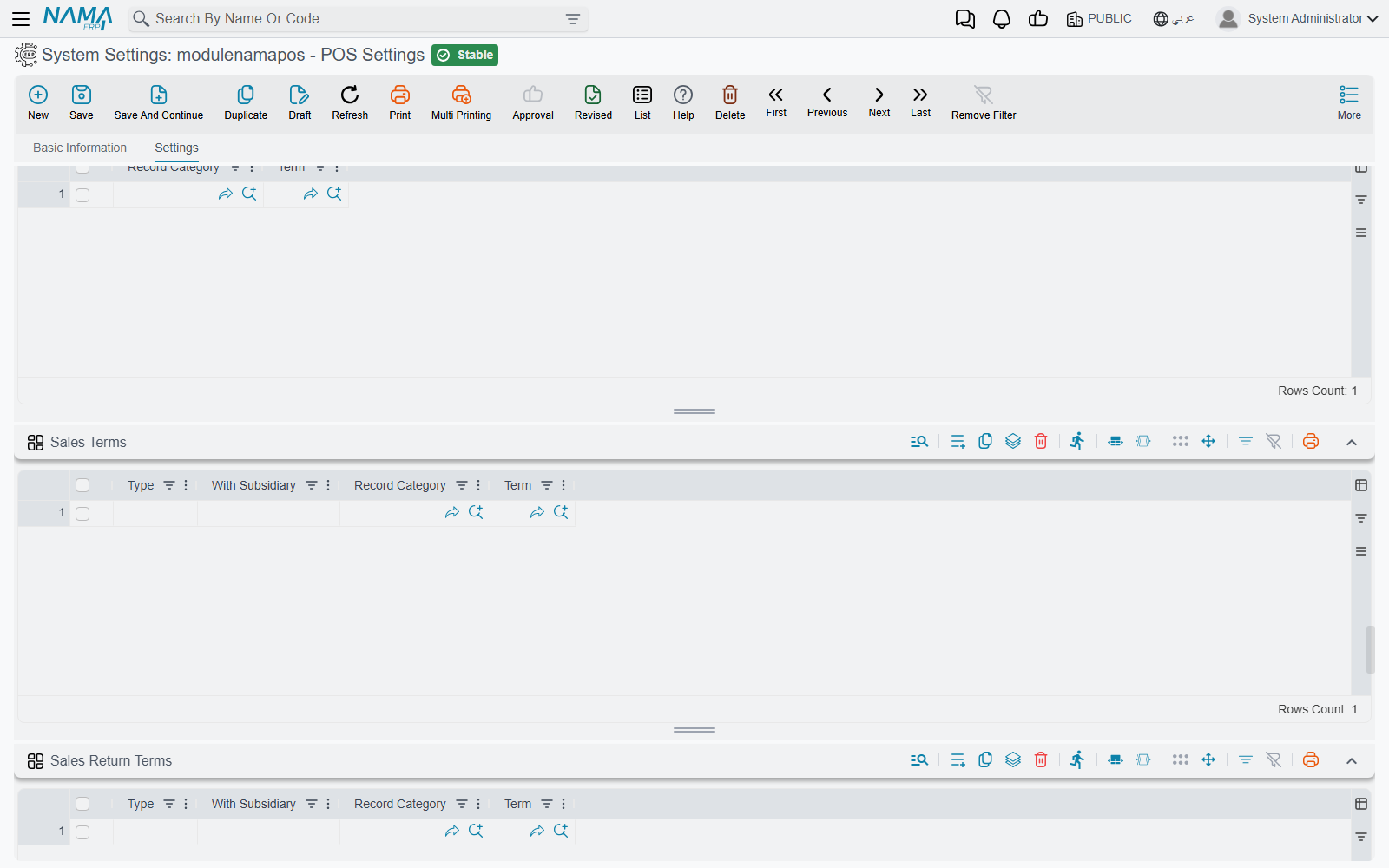 The terms grids of POS Settings