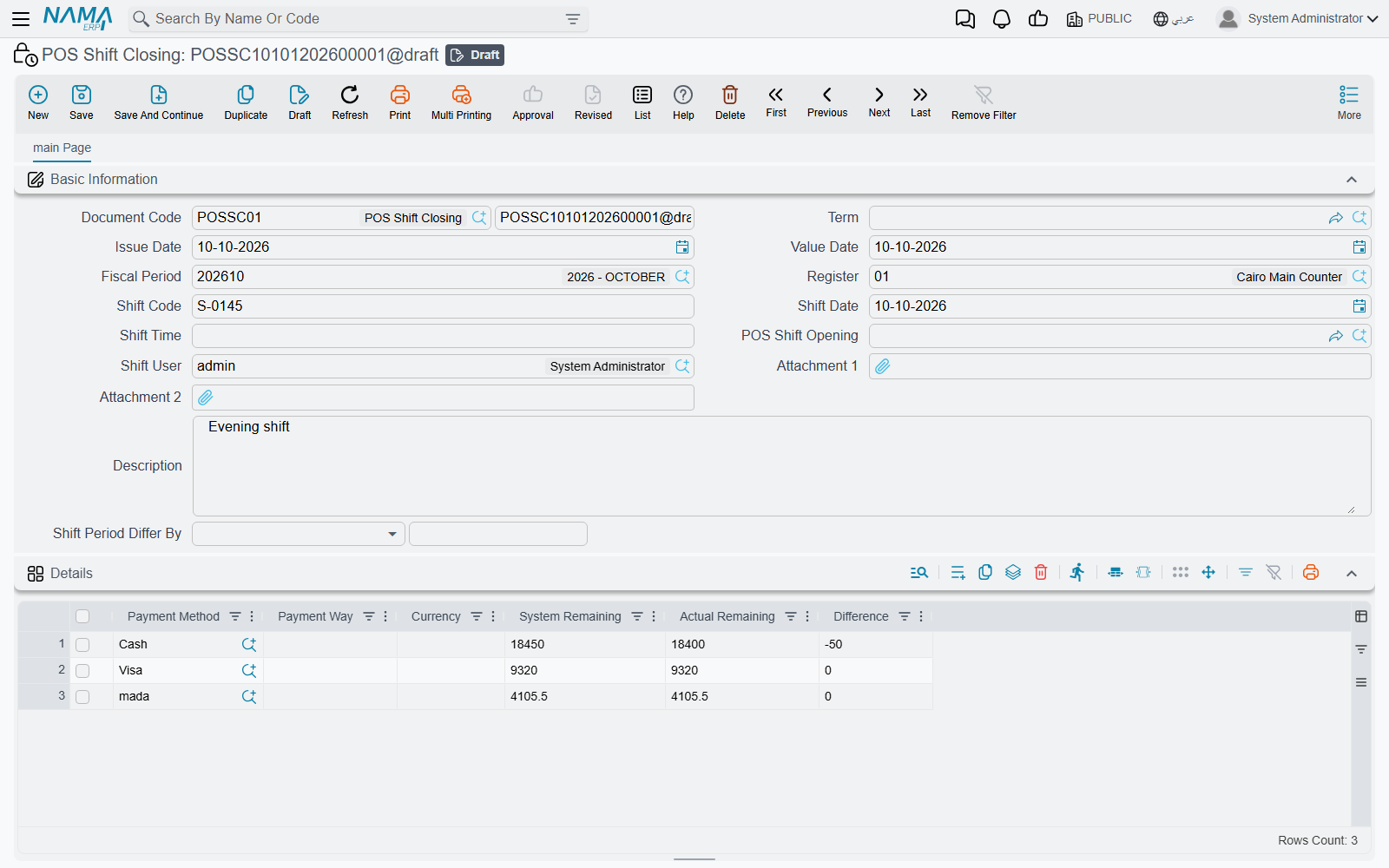 A POS Shift Closing with system, actual and difference amounts per payment method