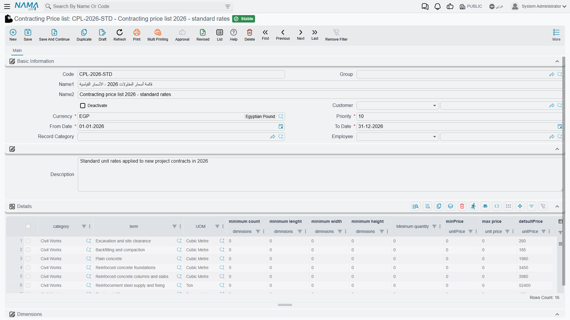 A contracting price list: its date window, customer scope, priority, and the rate lines