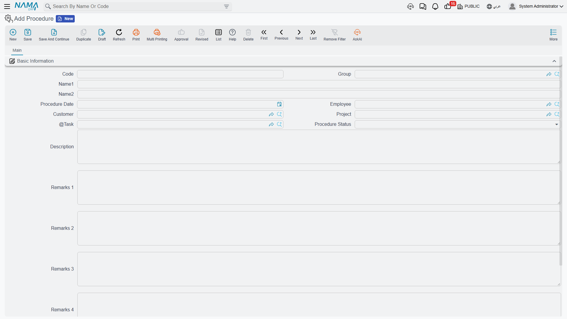 The Procedure screen: identity, the people-and-work references, status and the free remark slots