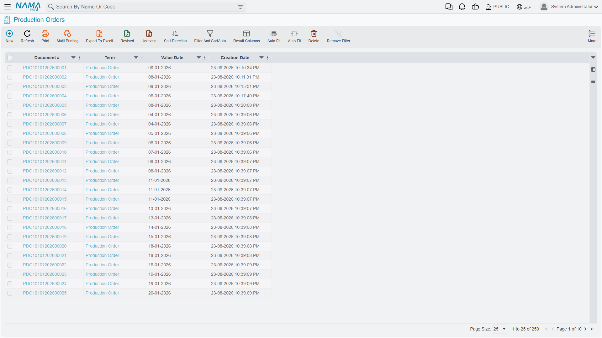 The production order list view