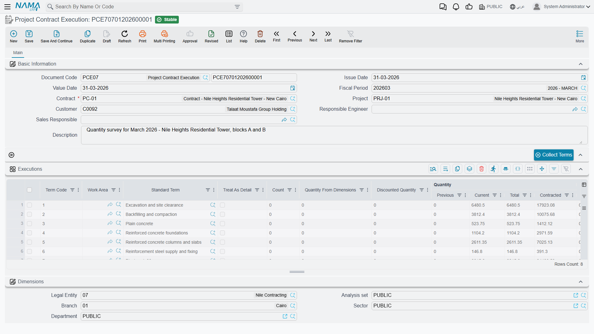 The Project Execution screen: header, and the Executions grid with previous, current and total quantity per term